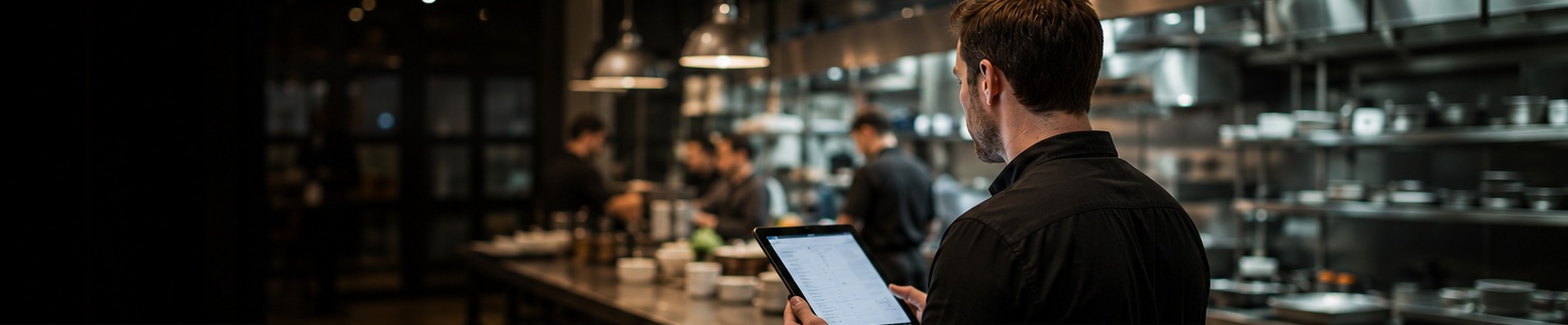 Manager checking a tablet on the floor of a restaurant kitchen