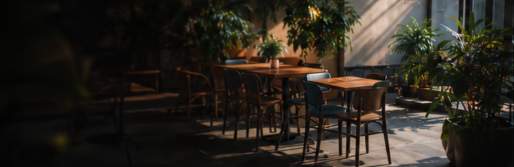 Sunlit venue seating area with plants and timber furniture