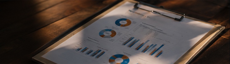 Clipboard with cost and performance charts on a wooden table