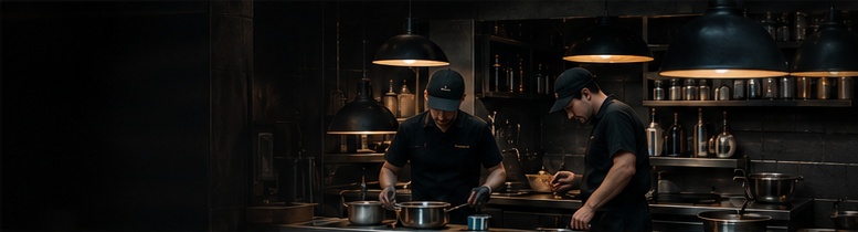 Two chefs working the line in a commercial kitchen